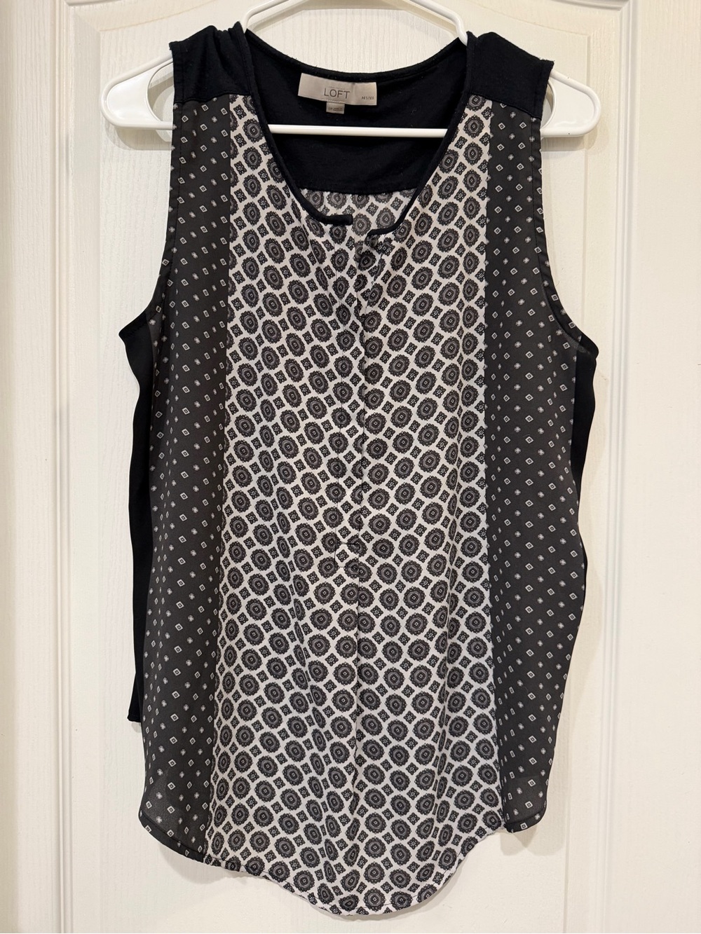 LOFT Petites LP Black White Mixed Print Sleeveless Henley Tunic Blouse